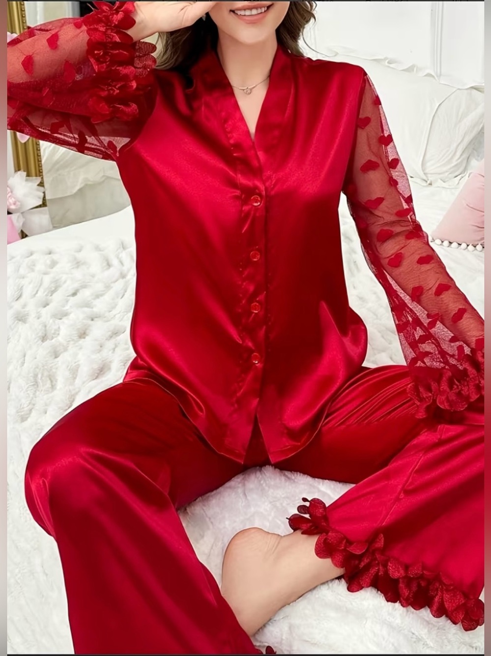 Women’s Red Lace-Trim Pajama Set Button Up Top and Pants Size L